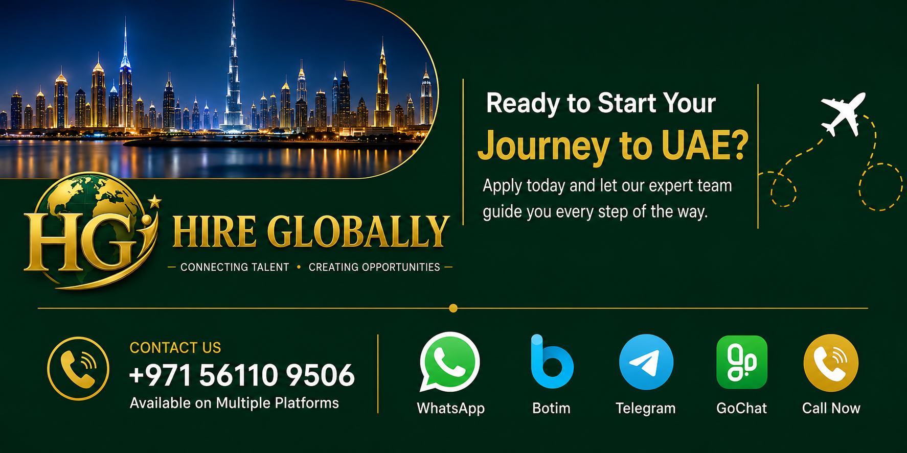 Hire Globally footer with Dubai skyline, journey to UAE message, contact number, and platform options